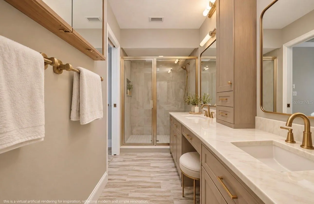 VIRTUAL ARTIFICIAL RENDERING OF INSPIRATION RENOVATION ON THE DATED BATHROOMS.