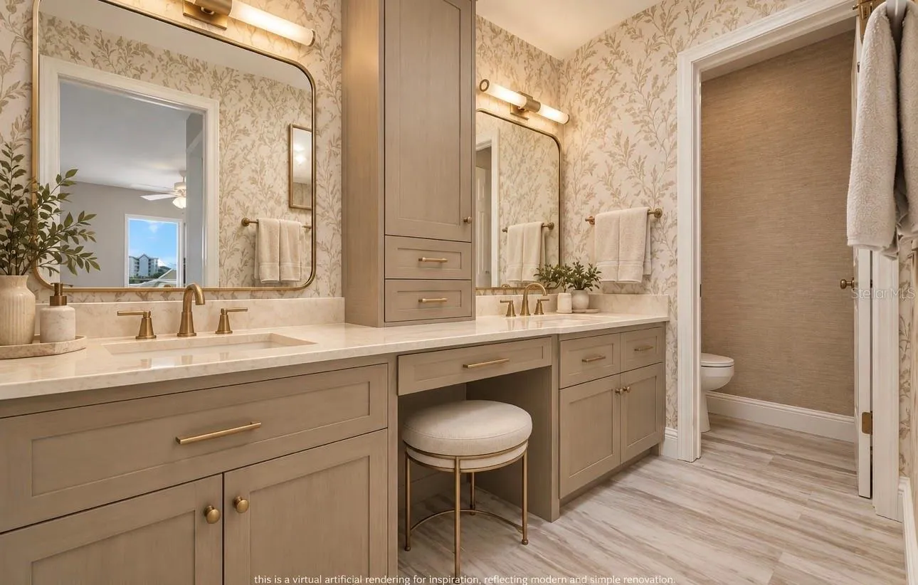 VIRTUAL ARTIFICIAL RENDERING OF INSPIRATION RENOVATION ON THE DATED BATHROOMS.