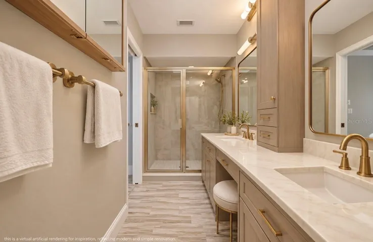 VIRTUAL ARTIFICIAL RENDERING OF INSPIRATION RENOVATION ON THE DATED BATHROOMS.