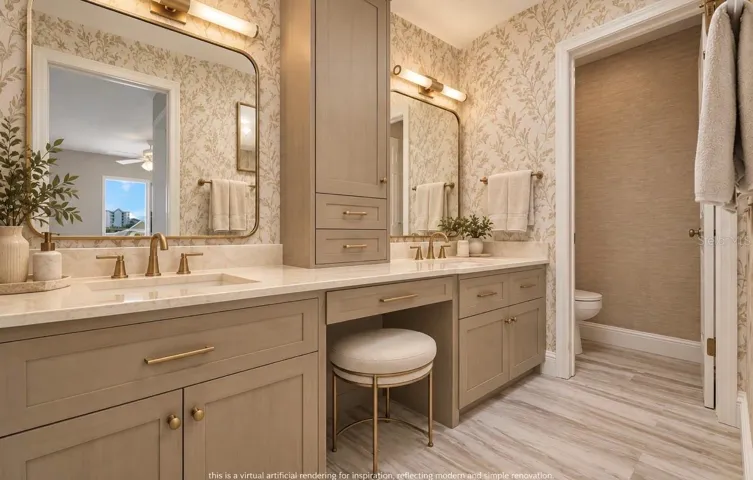 VIRTUAL ARTIFICIAL RENDERING OF INSPIRATION RENOVATION ON THE DATED BATHROOMS.