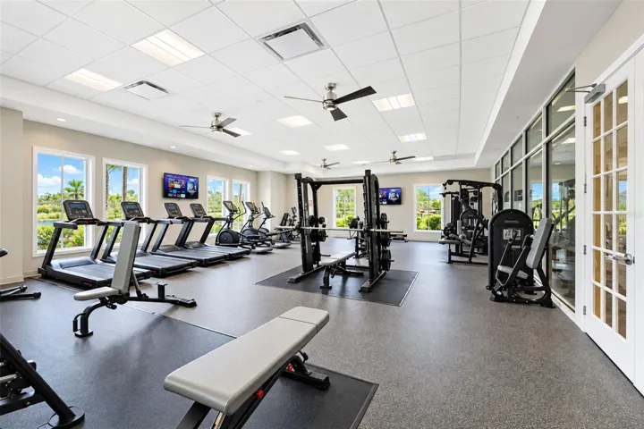 Bright and spacious fitness center featuring large windows with natural light, cardio and strength-training equipment, free weights, multiple workout stations and TVs for entertainment while you exercise.