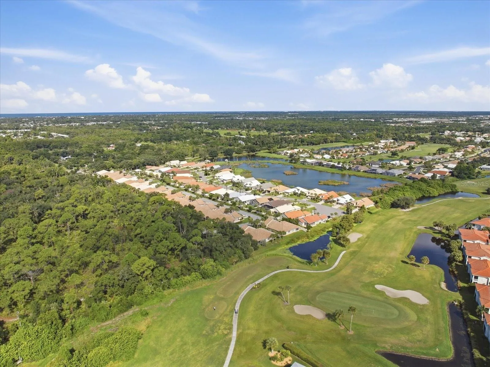 Aerial view of lake and golf course