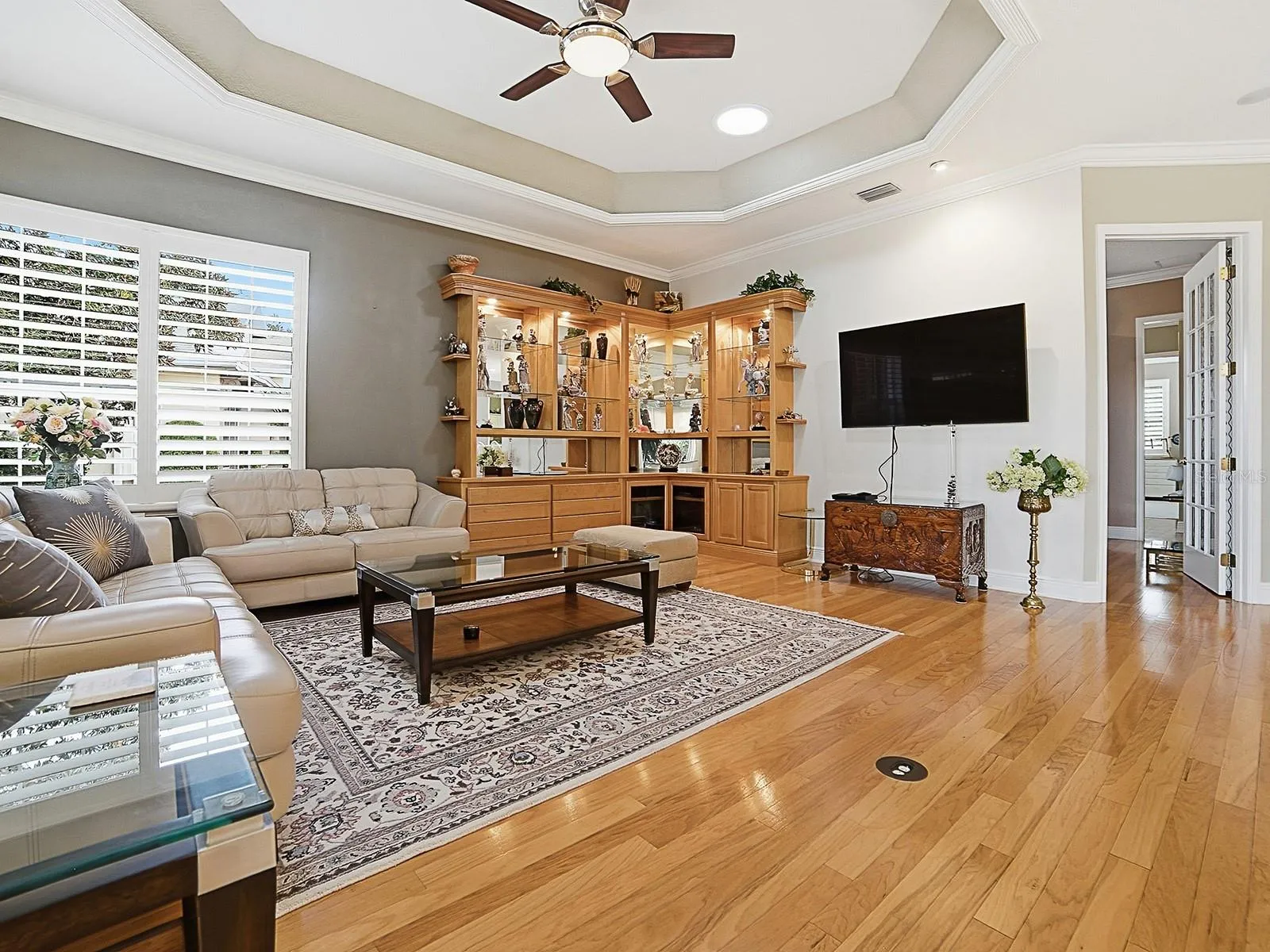 LOVELY LIVING ROOM WITH TRAY CEILING WITH CROWN TRIM, AND 2 MORE SOLAR TUBES. THERE IS CROWN MOLDING AND PLANTATION SHUTTERS THROUGHOUT THE HOME.