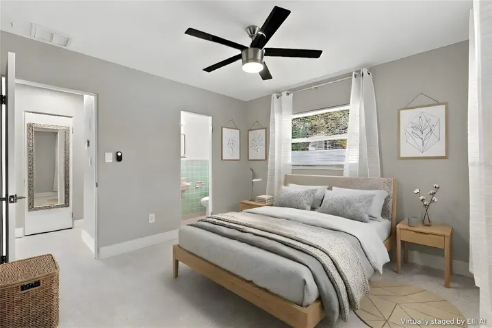 primary bedroom with ensuite AI staged