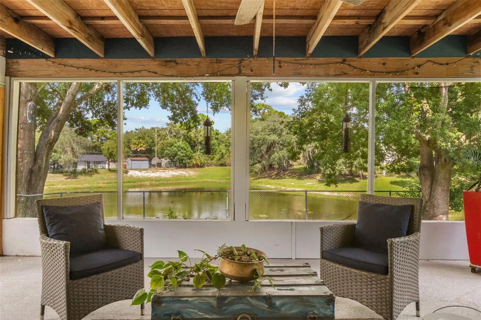 Covered Patio with pond views