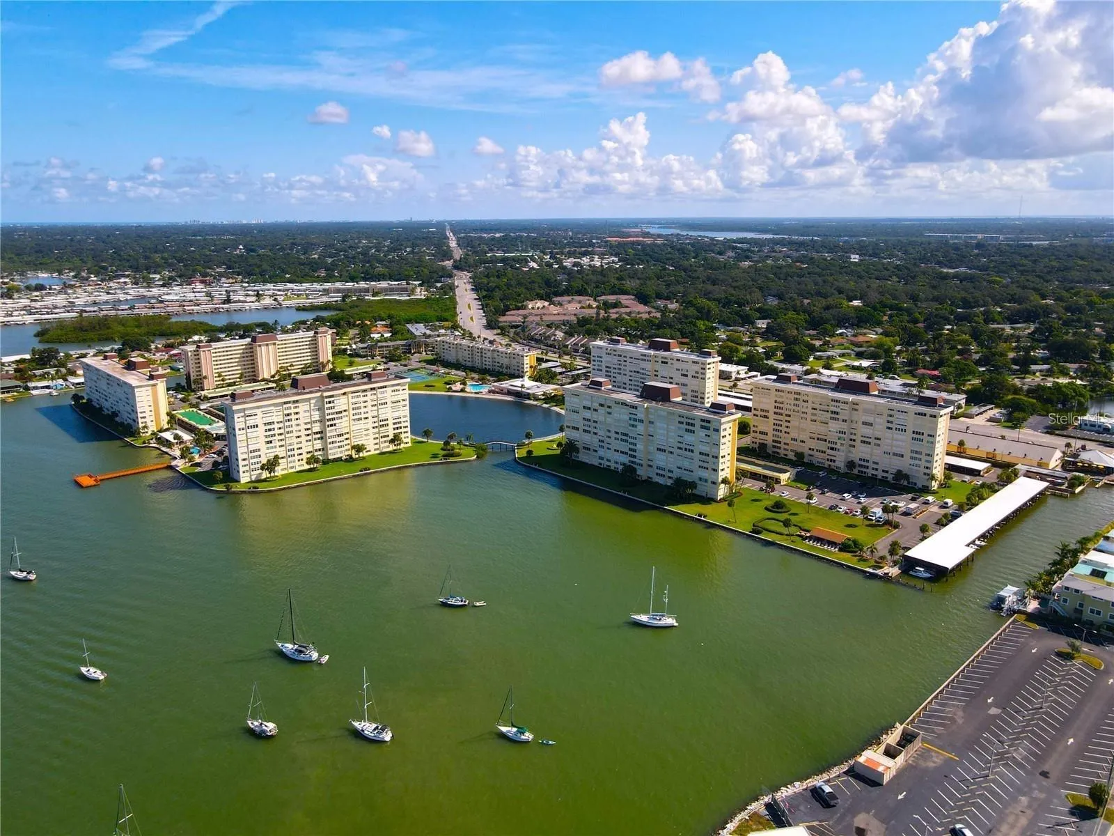 Aerial view of Sea Towers from the Tom Stuart Causeway bridge.