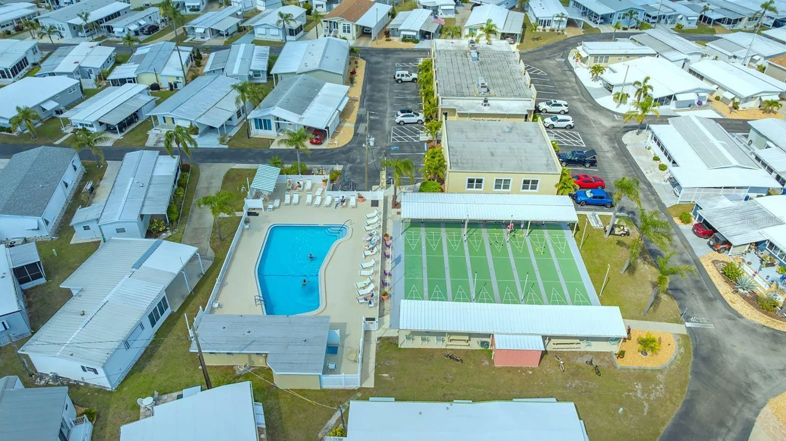 Aerial of Clubhouse, Pool & Shuffleboard