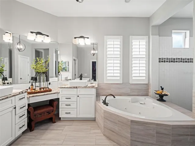 Primary bath with two dual sinks and makeup space