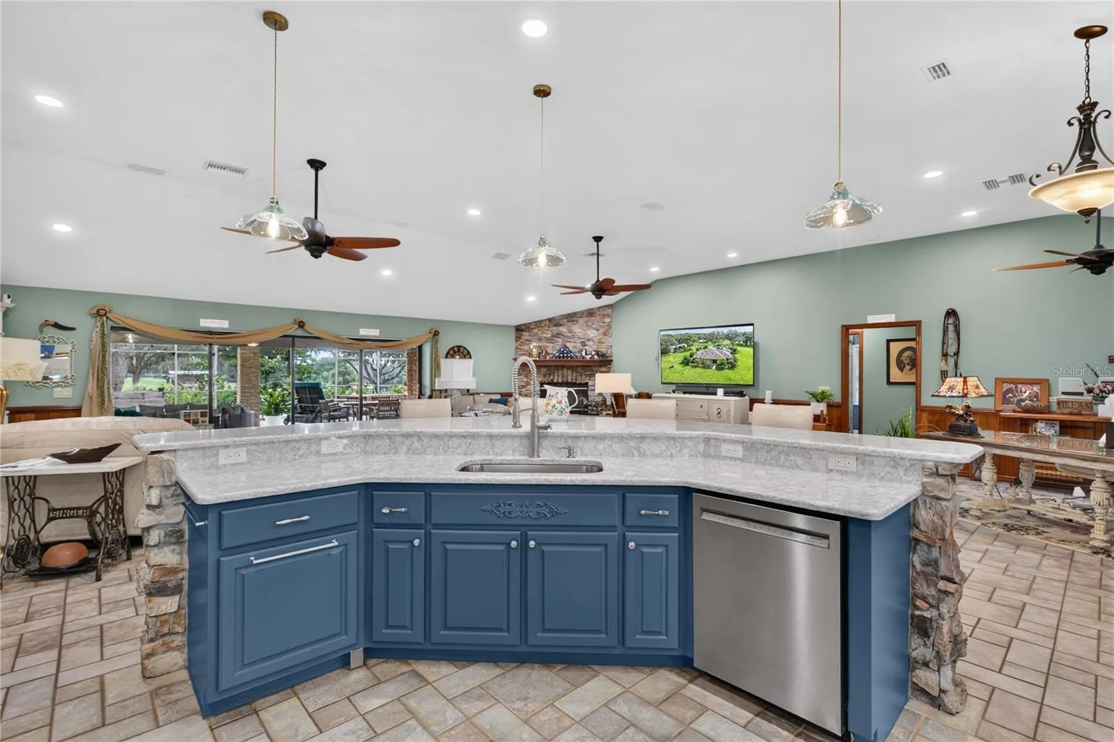 kitchen bar that overlooks living area