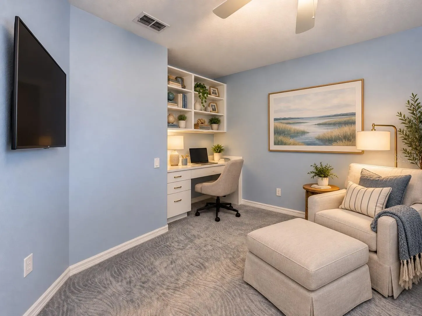 Virtually staged third bedroom with built-in desk which could also be a make-up area.
