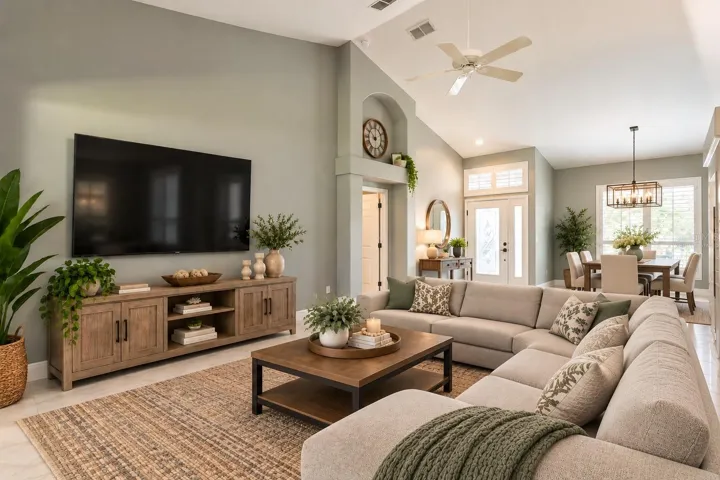 Virtually staged entrance, great room and dining area.