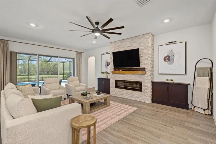 Family room with exterior view from oversize sliding door