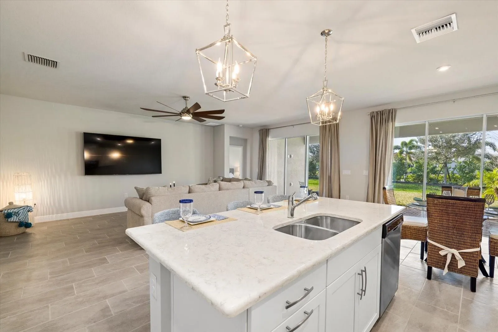 Kitchen looking into Living area and Dining Room