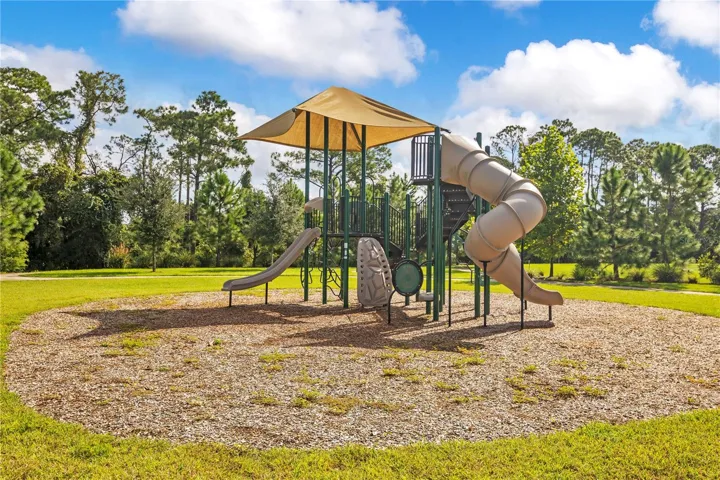 Community playground featuring climbing structures and slides in an open grassy setting.