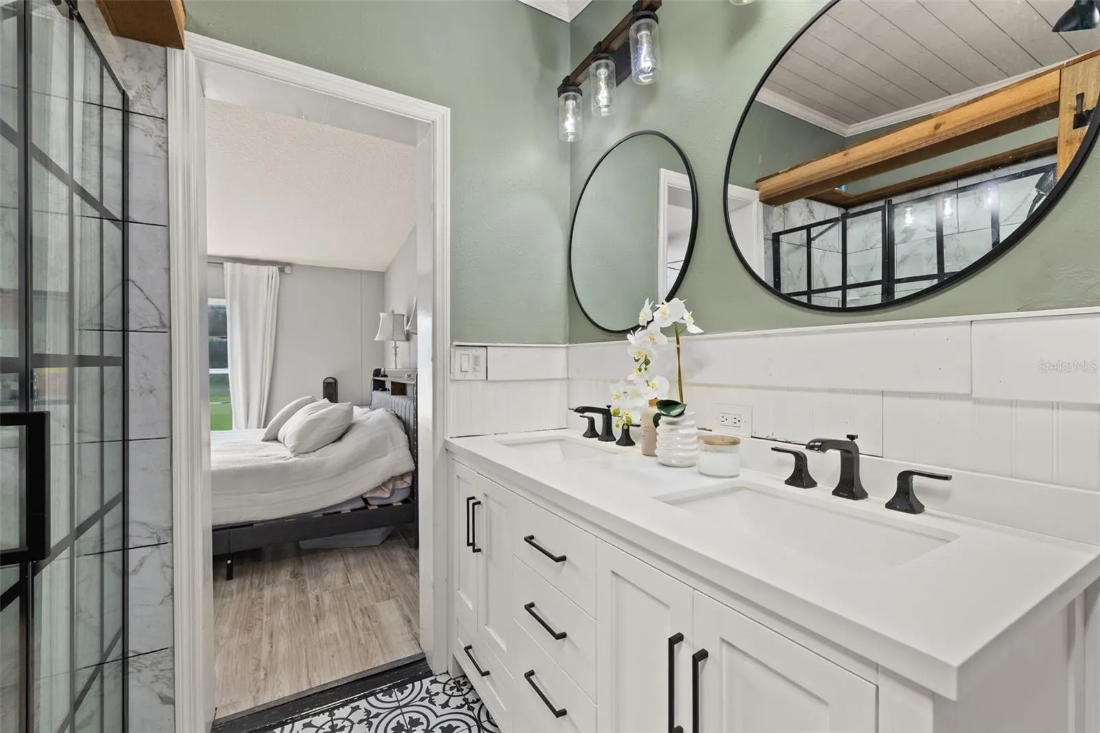 Primary Bathroom, virtual staging with flooring in Primary Bedroom