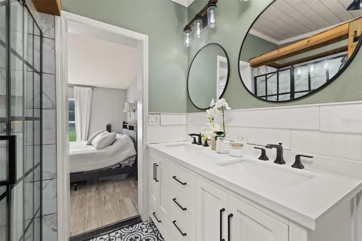 Primary Bathroom, virtual staging with flooring in Primary Bedroom