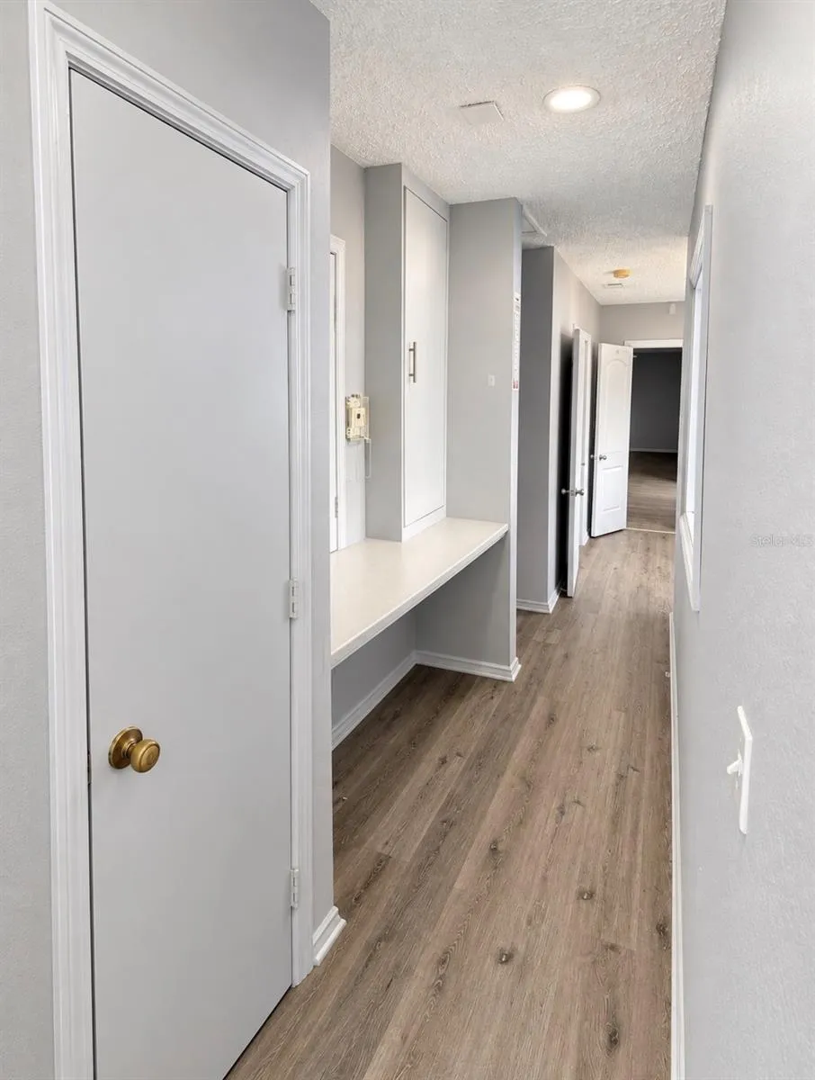 Hallway, closet door, and small counter.