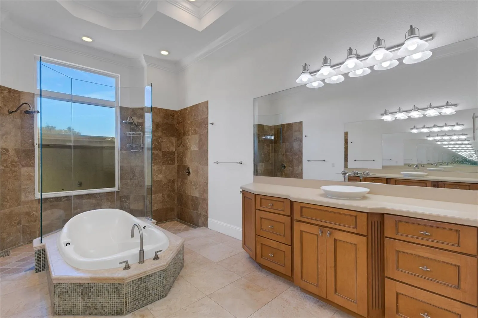 a floating tub and oversized walkin shower.