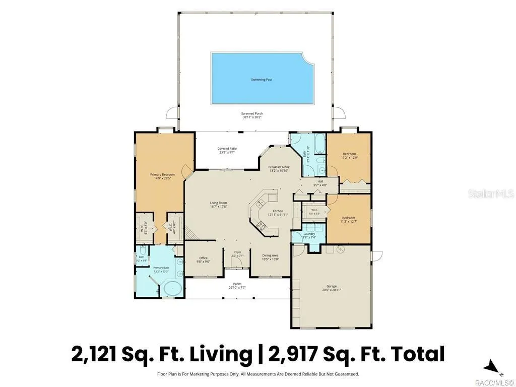 Floor Plan: 2,121 SQ FT OF LIVING SPACE – Floor plan highlights the spacious layout, including 3 bedrooms, PLUS office/flex room/ 4th Bedroom, 2 baths, multiple living/dining areas, garage, covered patio &amp; oversized screened pool area.