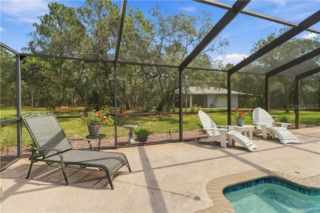 Pool &amp; Backyard View – Screen-enclosed pool and spa overlooking the spacious backyard with mature trees and plenty of outdoor space.