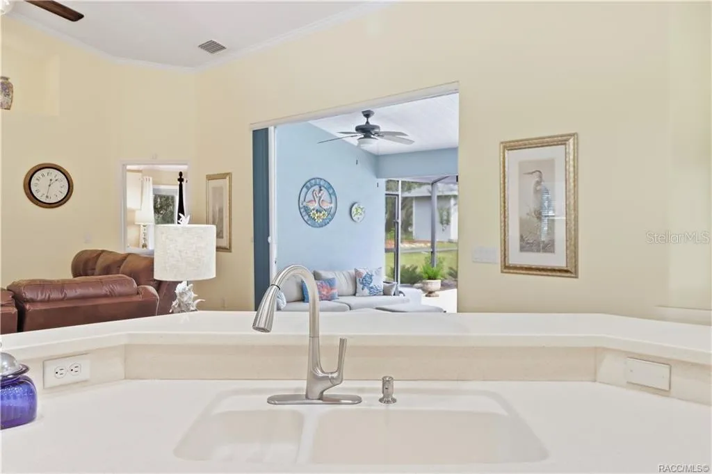 Kitchen Breakfast Bar – Generous counter space with raised breakfast bar, sink &amp; open sightlines into the living room and screened pool lanai.