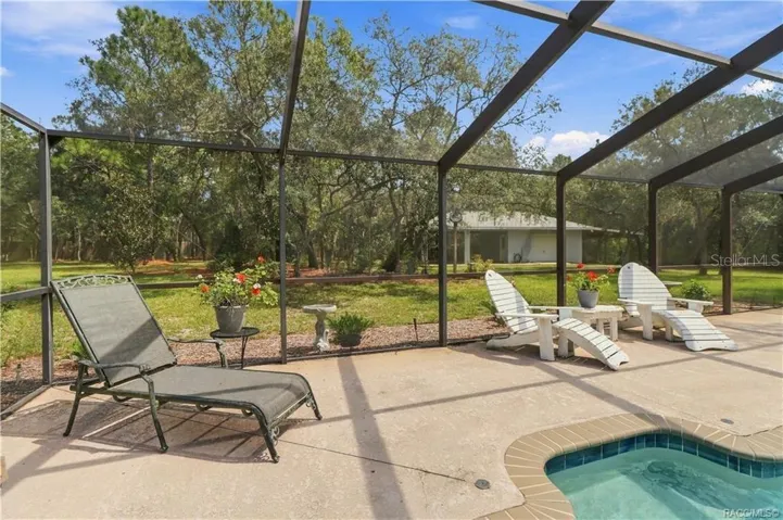 Pool &amp; Backyard View – Screen-enclosed pool and spa overlooking the spacious backyard with mature trees and plenty of outdoor space.