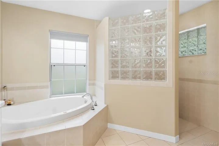 Primary Bathroom – Alternate view showcasing the soaking tub, decorative glass-block accents and separate tiled walk-in shower.