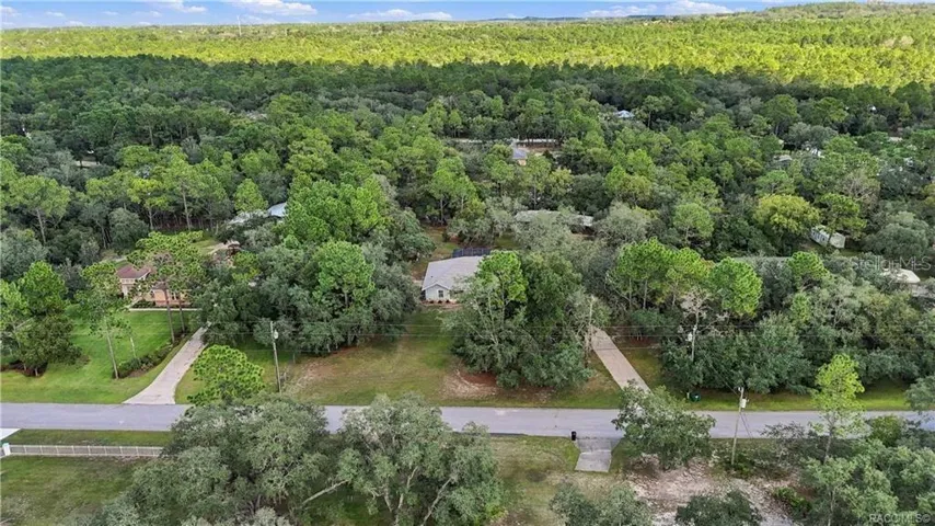 SURROUNDED BY GREENERY – Elevated aerial captures the property's wooded surroundings and sense of space.