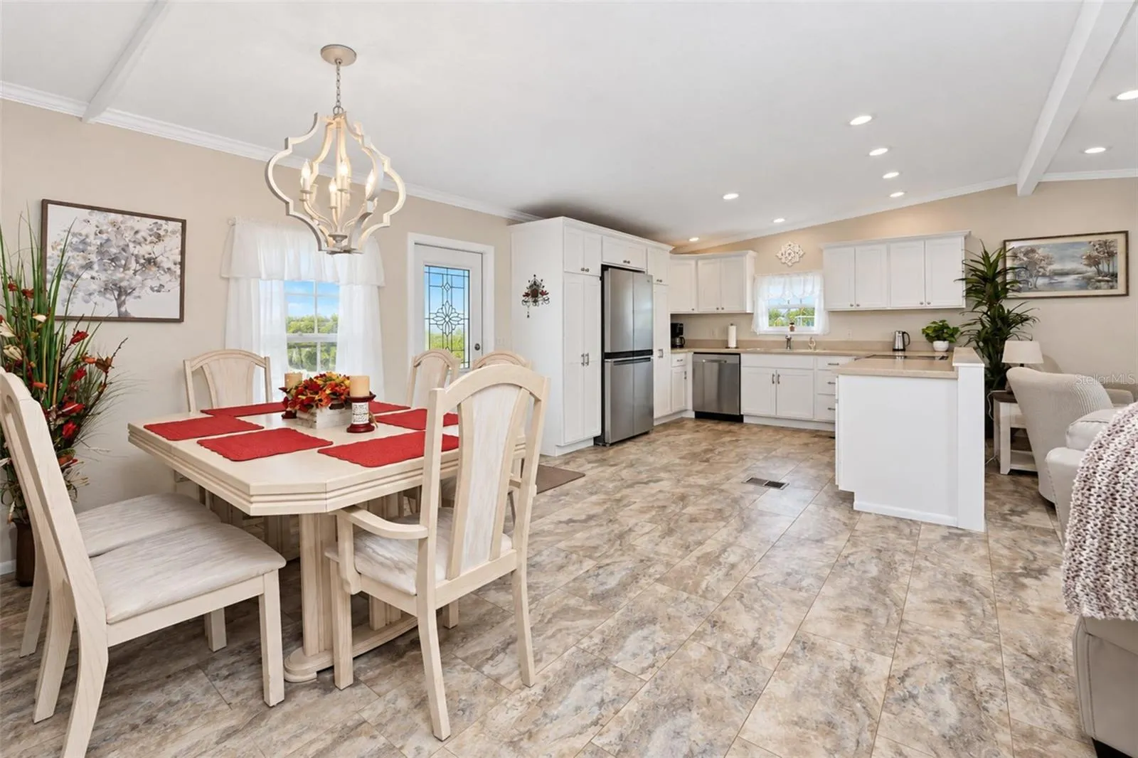 The view from the dining area into the kitchen.