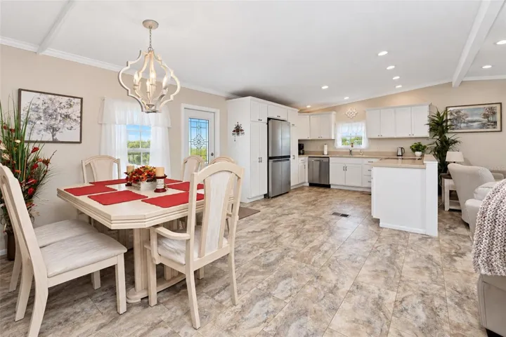 The view from the dining area into the kitchen.