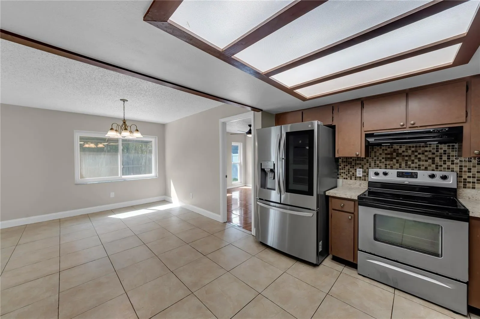 Kitchen overlooks dining area