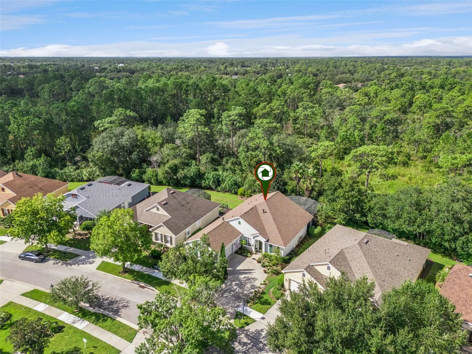 Aerial view of the home's location w/ a conservation area view