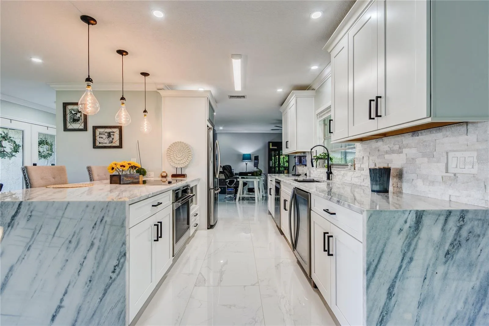 Stunning Galley kitchen with waterfall granite