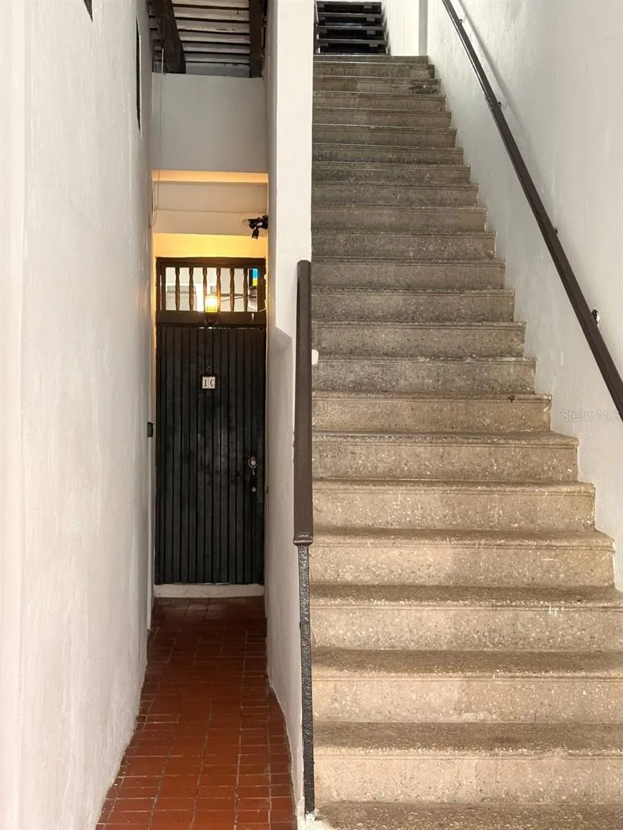 Ground-floor hall beside the staircase; Unit 1C door at the end Ground-floor hall beside the staircase; Unit 1C door at the end