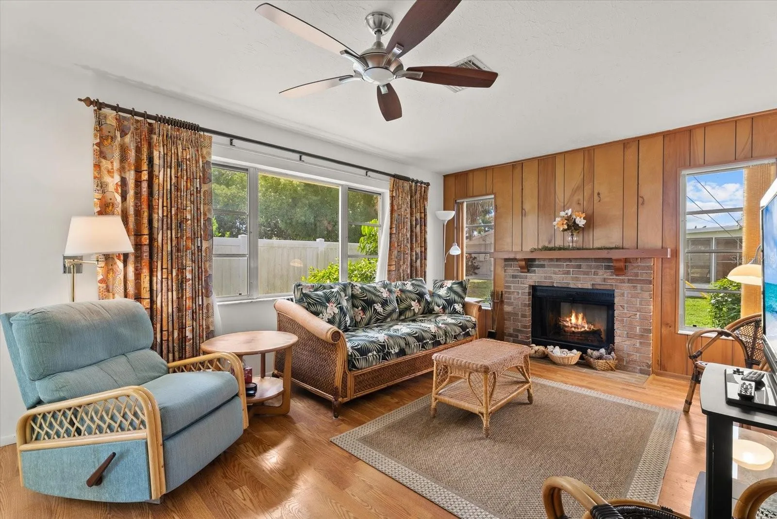 Family rooom with fireplace.