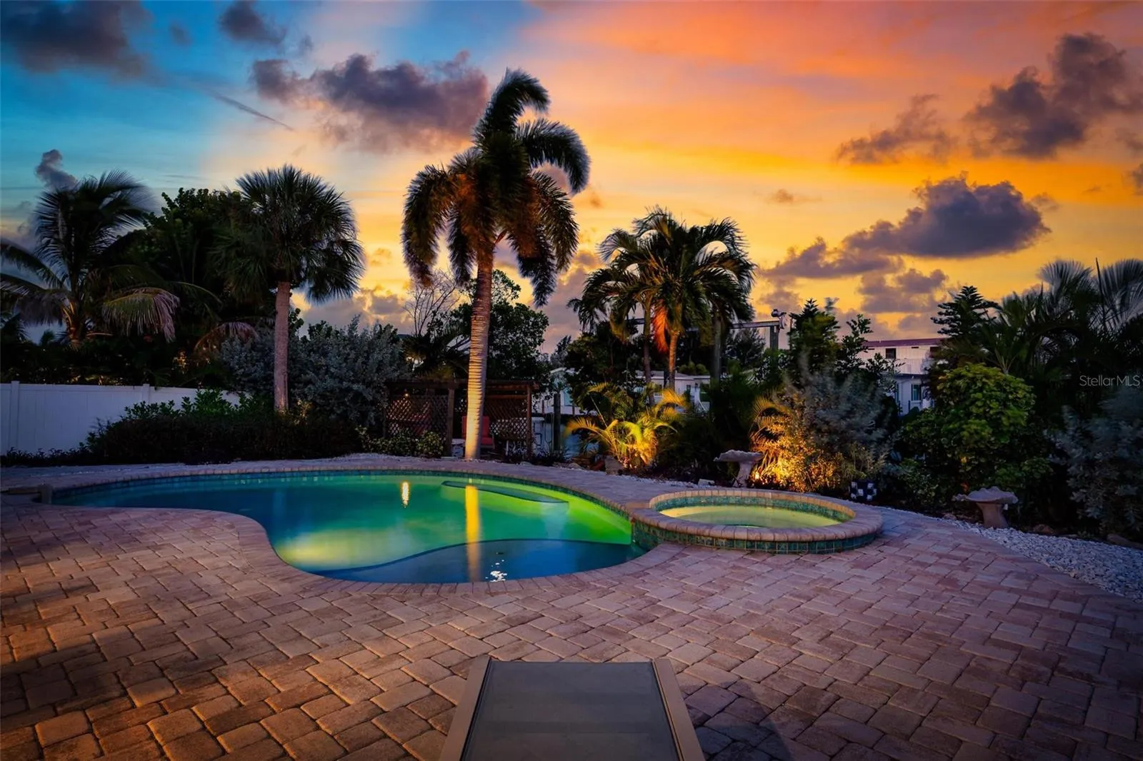 Evening skies over the heated saltwater pool and spa