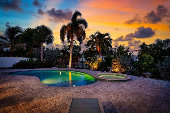 Evening skies over the heated saltwater pool and spa