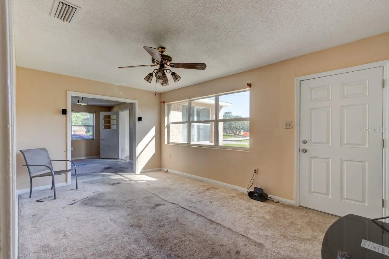 Living room with NE facing window and Front door entry