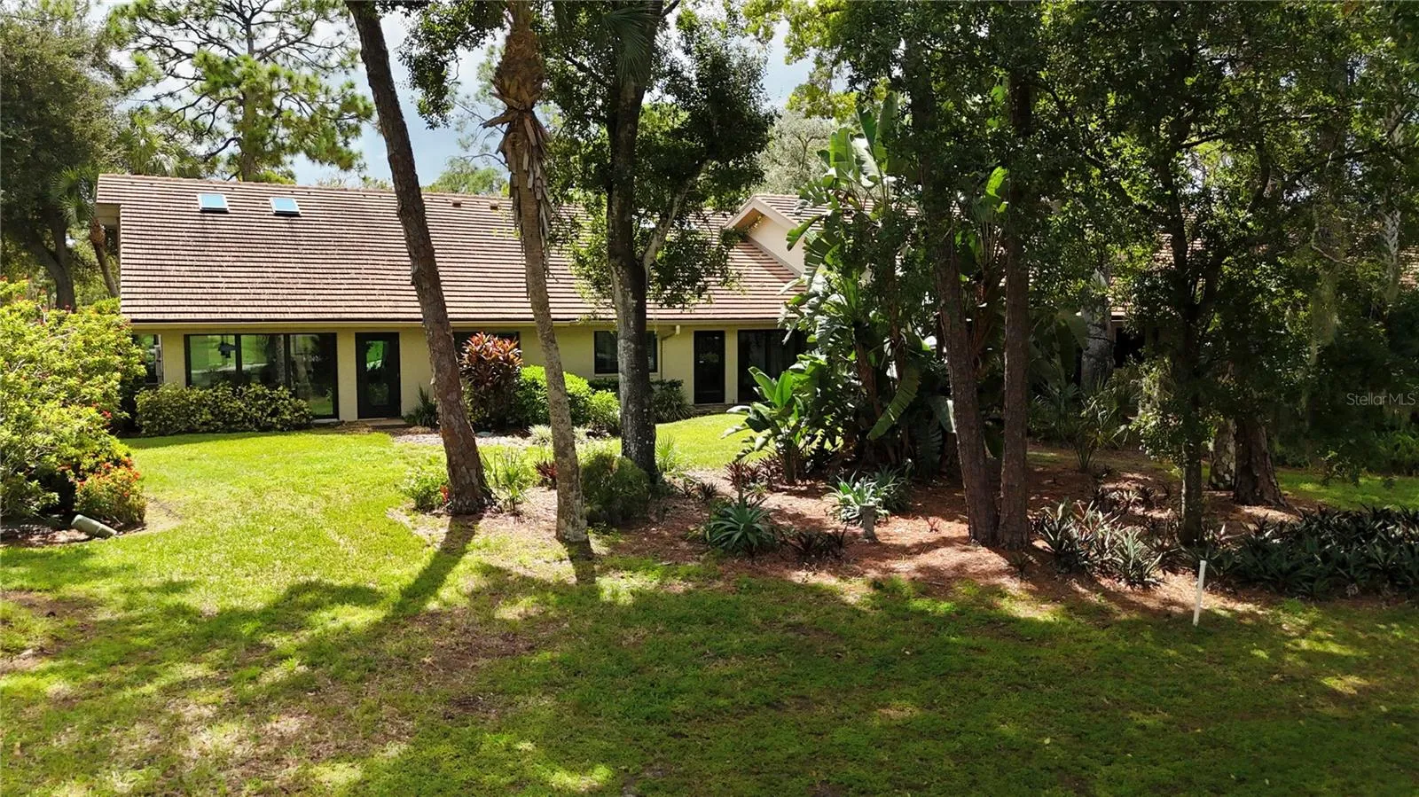 Spacious backyard with mature landscape