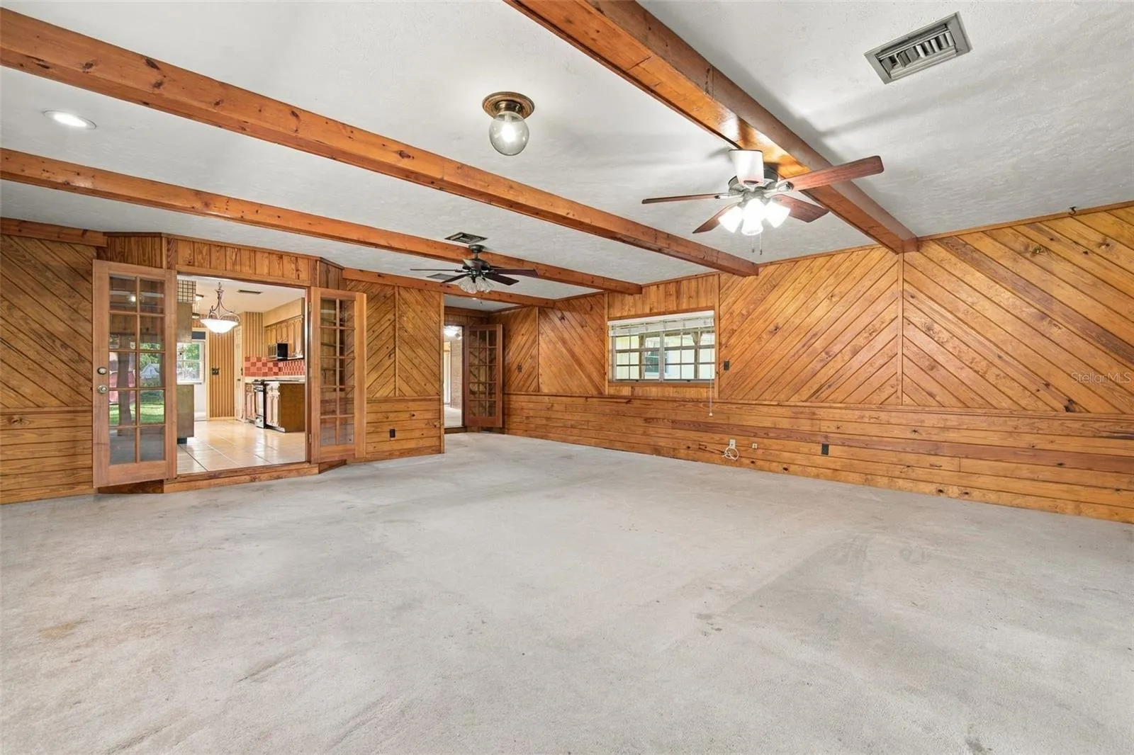 Family room with pine walls