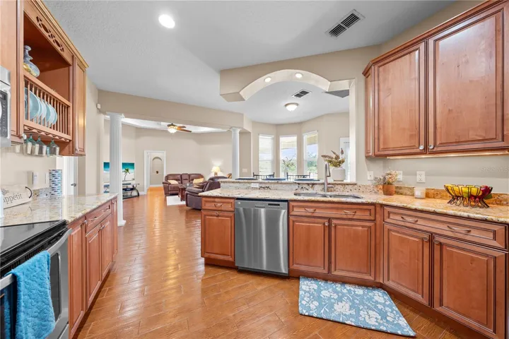 The view from the kitchen is perfect for entertaining your guests.