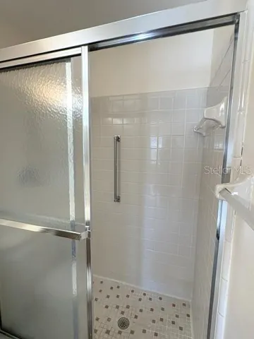 Step in shower in the primary bath, with grab bars for your convenience.