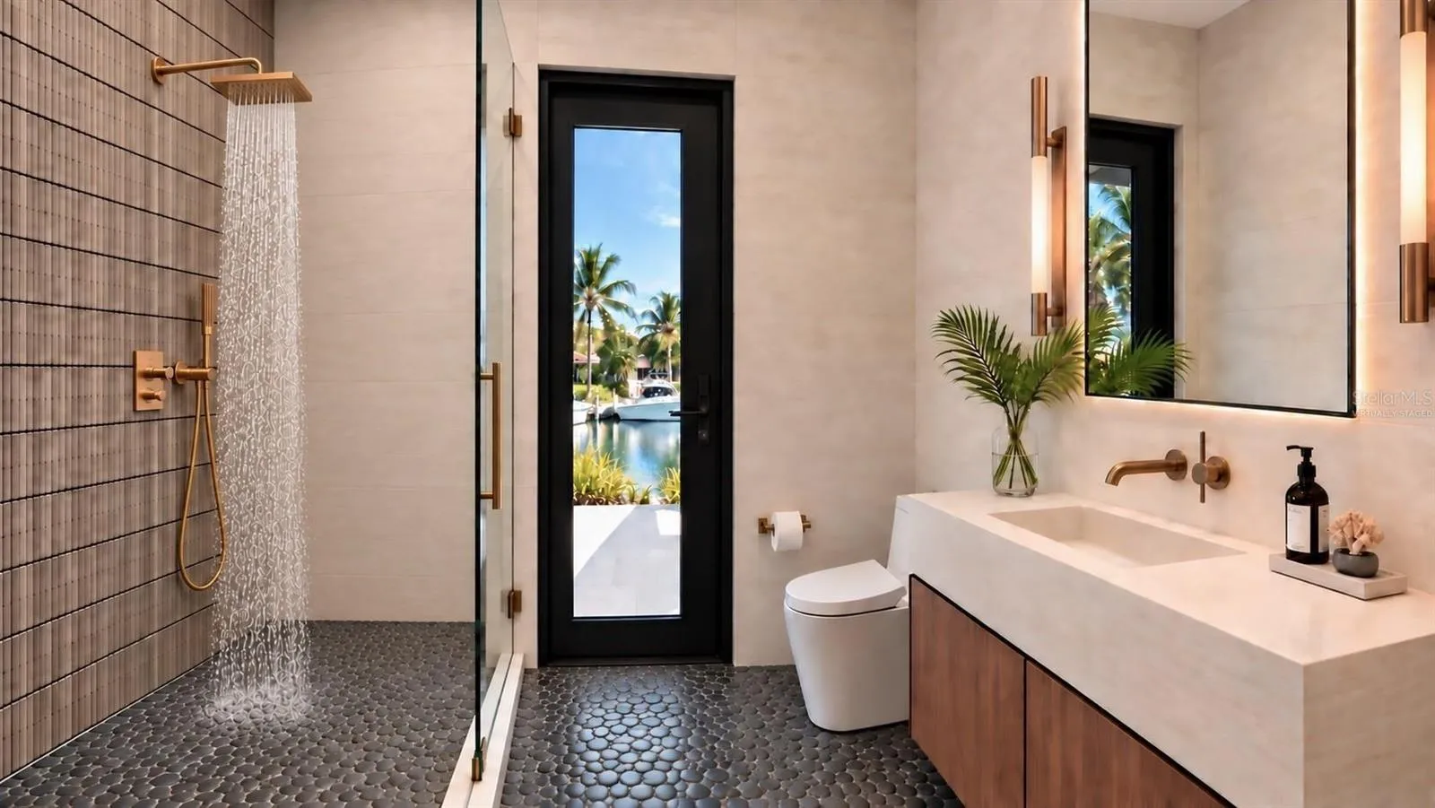Full bathroom off of the pool deck. Virtually staged.