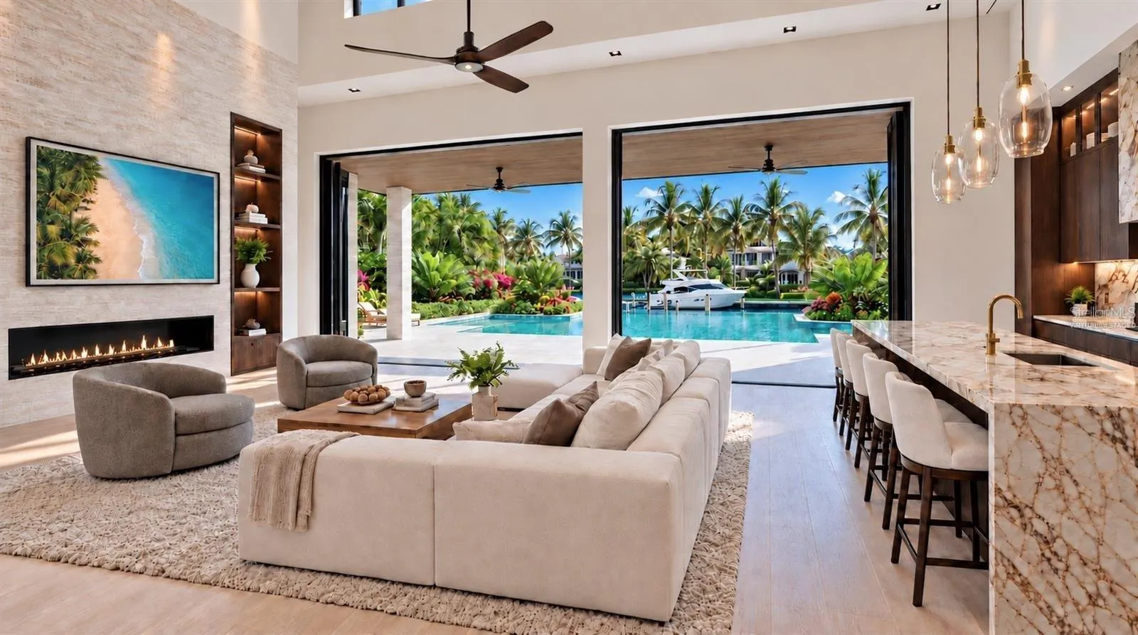 Living room and kitchen, with canal view. Virtually staged.