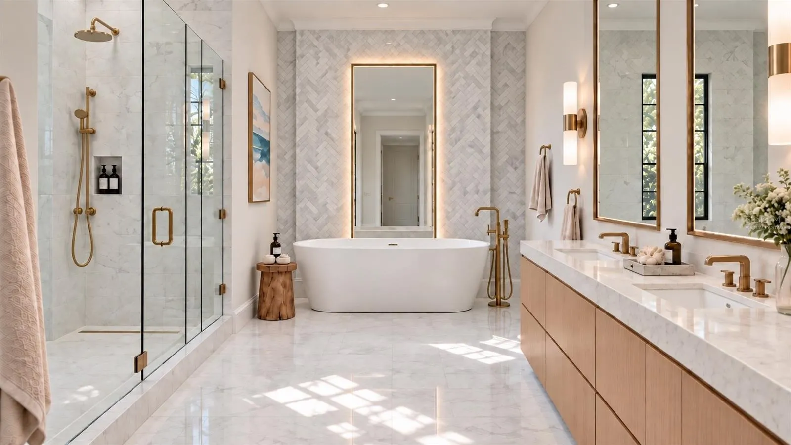 Primary bathroom. Virtually staged.