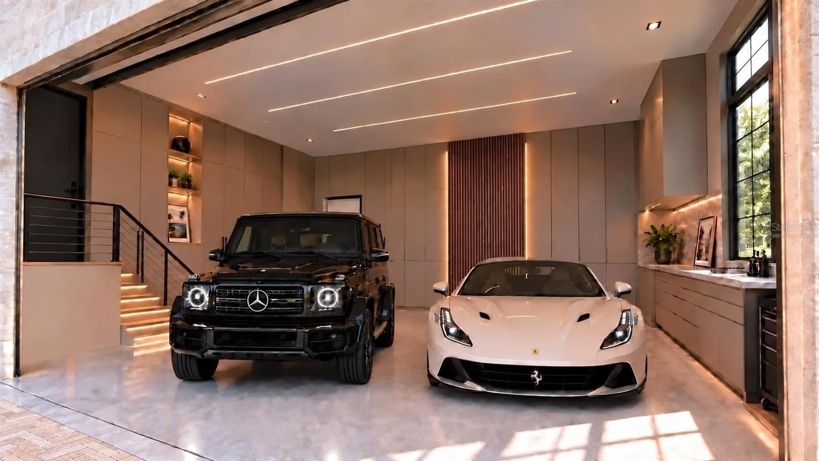 Two 2-car garages, with a total of 4 garage spaces. Virtually staged.