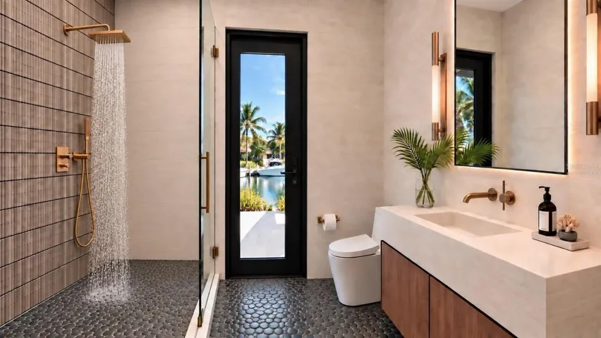 Full bathroom off of the pool deck. Virtually staged.