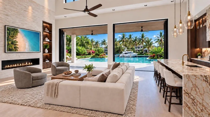 Living room and kitchen, with canal view. Virtually staged.
