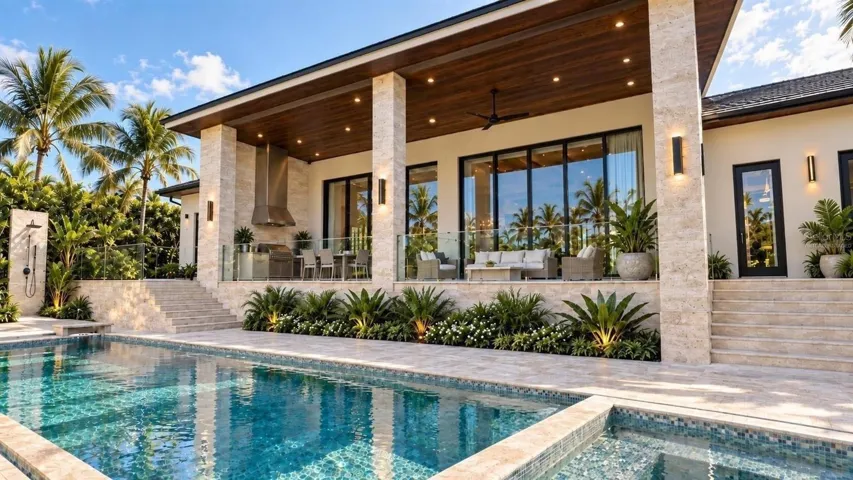 Patio with full outdoor kitchen, heated saltwater pool and hot tub spa. Virtually staged.