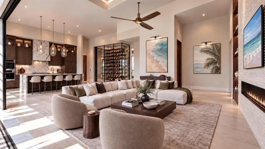 Living room and kitchen. Virtually staged.